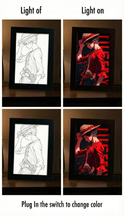 Framed illustrations of characters with and without lights on, showing color change effect.