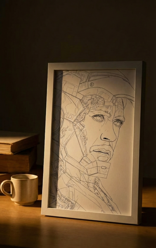 Framed line drawing of a robot face on a wooden surface with books and a mug in the background.