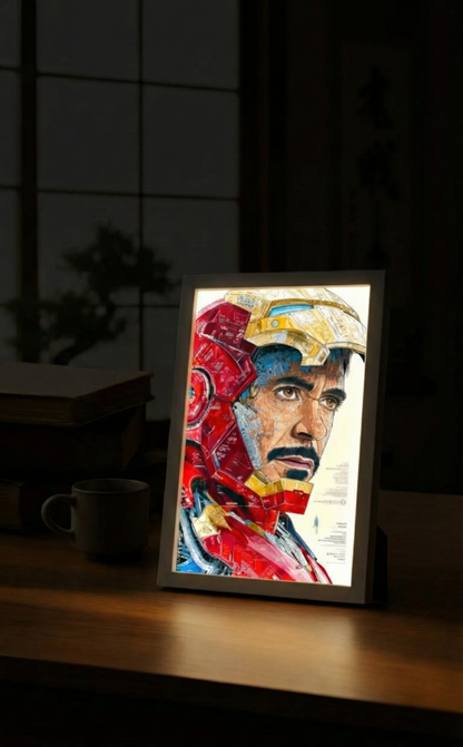 Framed portrait of a colorful artist on a wooden surface with a dark background