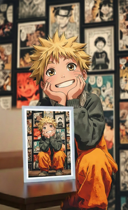 Anime character in a room with framed pictures on the wall